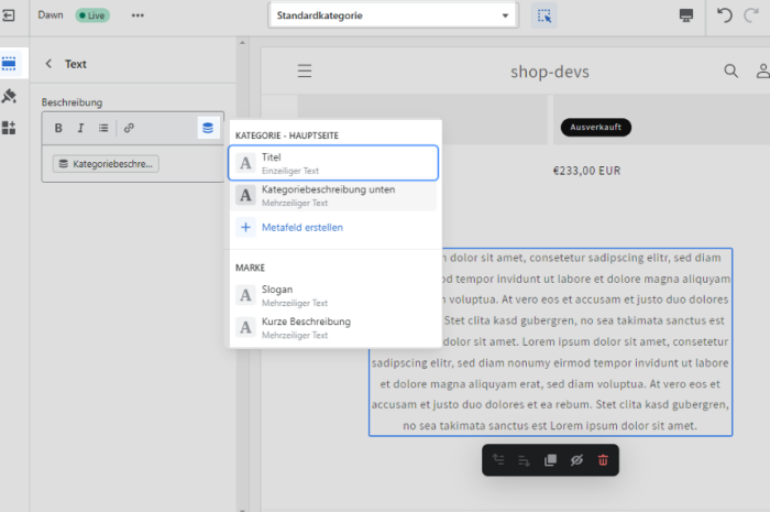 Zusätzlichen Text in Shopify Kategorie unter Produkten
