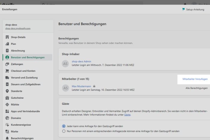 Zusätzliche Admin-Benutzer bei Shopify hinzufügen