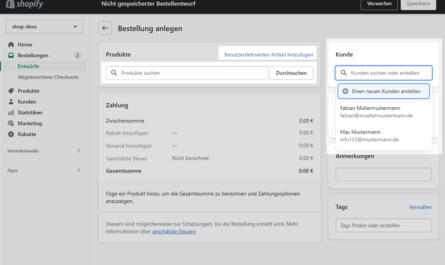 Für Kunden Bestellung in Shopify erstellen
