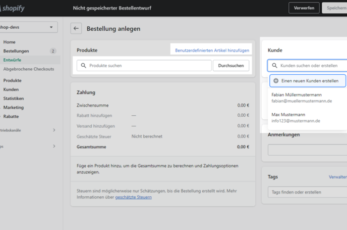 Für einen Kunden eine Bestellung in Shopify erstellen