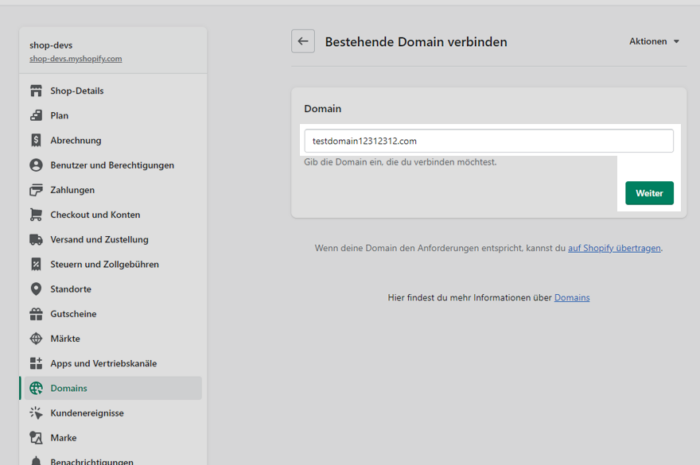 Shopify Domain hinzufügen/ändern