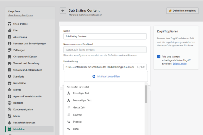 Metafelder in Shopify Erstellen/Ändern