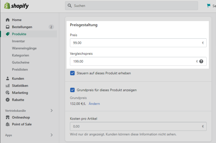 Angebot/Sonderpreis bei Shopify erstellen