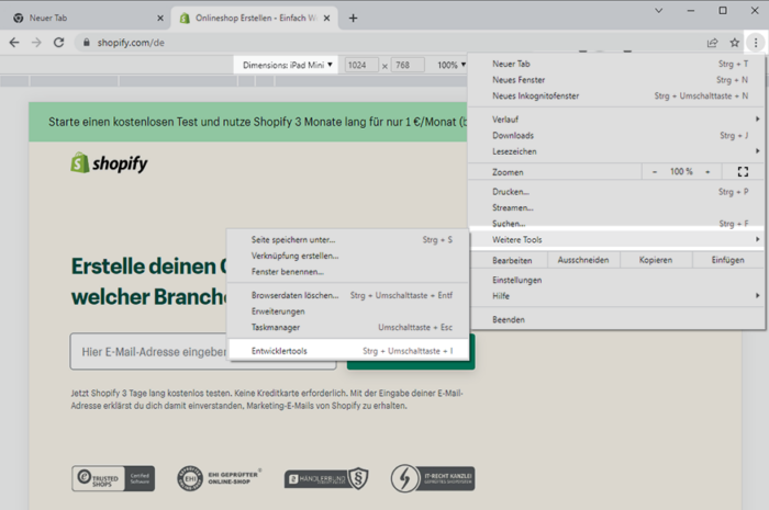Die mobile Anzeige des Shopify Shop im FireFox Browser prüfen
