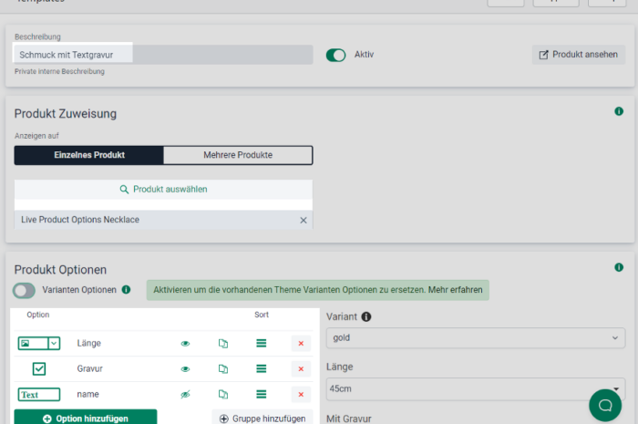 Shopify: Produkt Option App für Schmuck mit Gravur