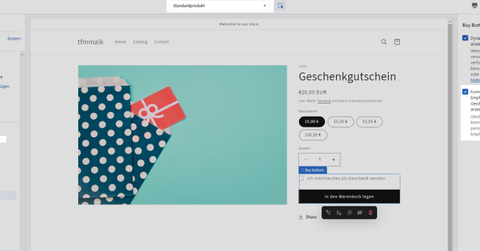 Geschenkgutschein-Freitextoption in der neuesten Version von Shopify’s Dawn Theme
