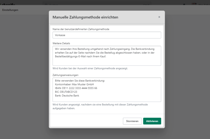 Vorkasse mit Zahlungsdetails in Shopify-Bestellmail einbinden