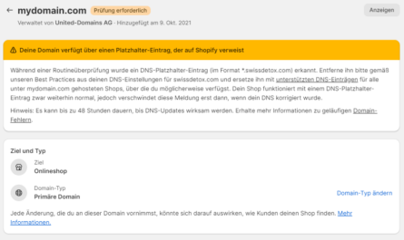 Deine Domain verfügt über einen Platzhalter-Eintrag, der auf Shopify verweist