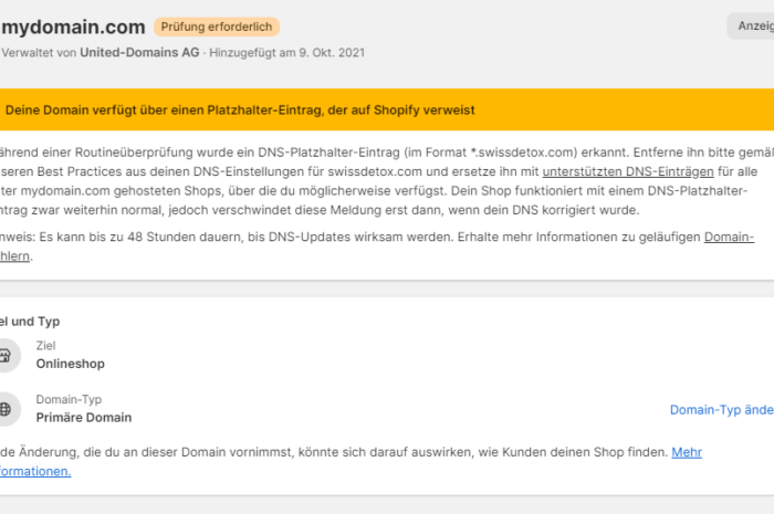 Fehlerbehebung „Deine Domain verfügt über einen Platzhalter-Eintrag, der auf Shopify verweist“