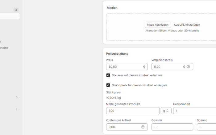Shopify: Produkt mit Grundpreis erstellen